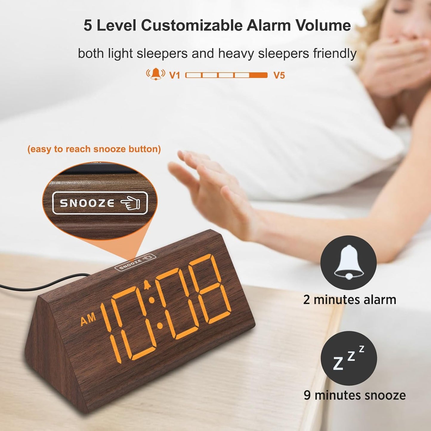Wooden Digital Alarm Clocks for Bedrooms - Electric Desk Clock with Large Numbers, USB Port, Loud Alarm for Heavy Sleepers, Adjustable Volume, Dimmer, Snooze, DST, Wood Décor, Adapter Powered