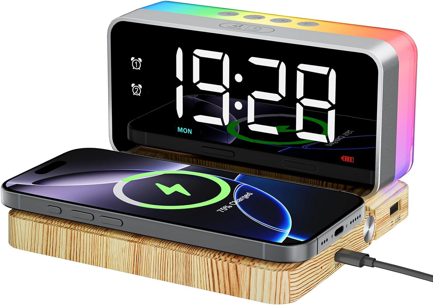 Alarm Clocks for Bedrooms with Wireless Charger Station, Bluetooth Speaker, Woodgrain, White Noise Sound Machines, RGB Night Lights, Ideal Gift