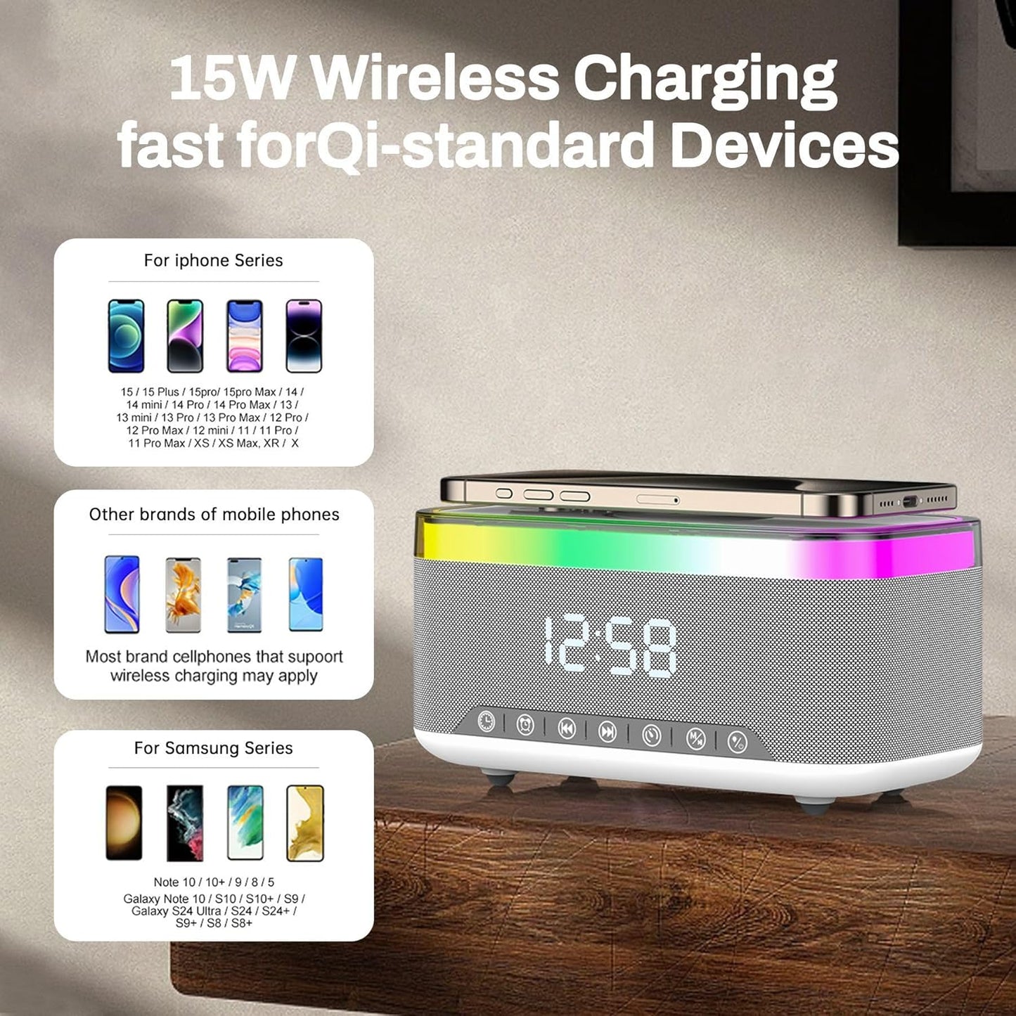 Bluetooth Speaker with Wireless Charging & Digital Clock, LED Display, 15W Qi Charging Station, 2x10W Speakers, 6 Ambient Lights, BT5.3/AUX/TF/USB, for Home, Bedside, Travel, Birthday Presen (White)