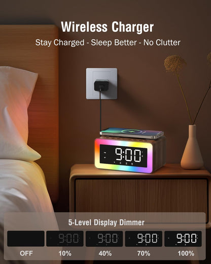larm Clock with Wireless Charging, Bluetooth Speaker, White/Brown Noise Sound Machine Night Light, Wooden Digital Alarm Clocks for Bedrooms, Wireless Charger
