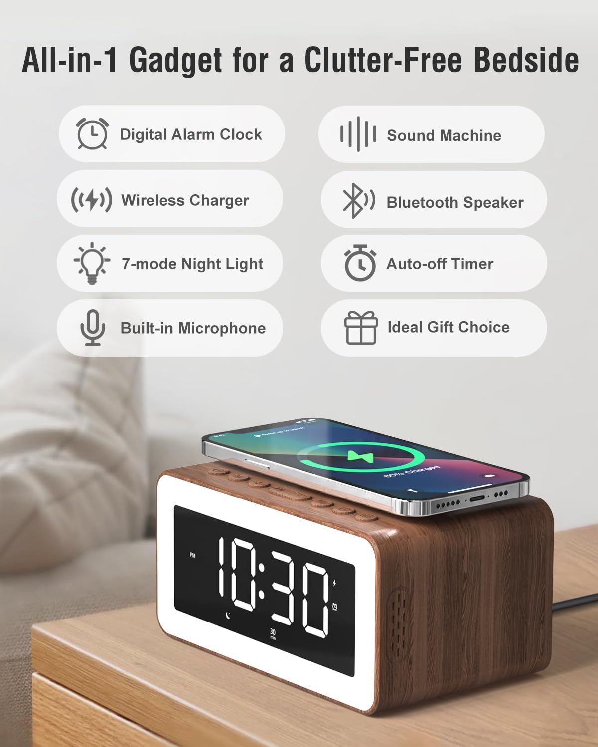 larm Clock with Wireless Charging, Bluetooth Speaker, White/Brown Noise Sound Machine Night Light, Wooden Digital Alarm Clocks for Bedrooms, Wireless Charger
