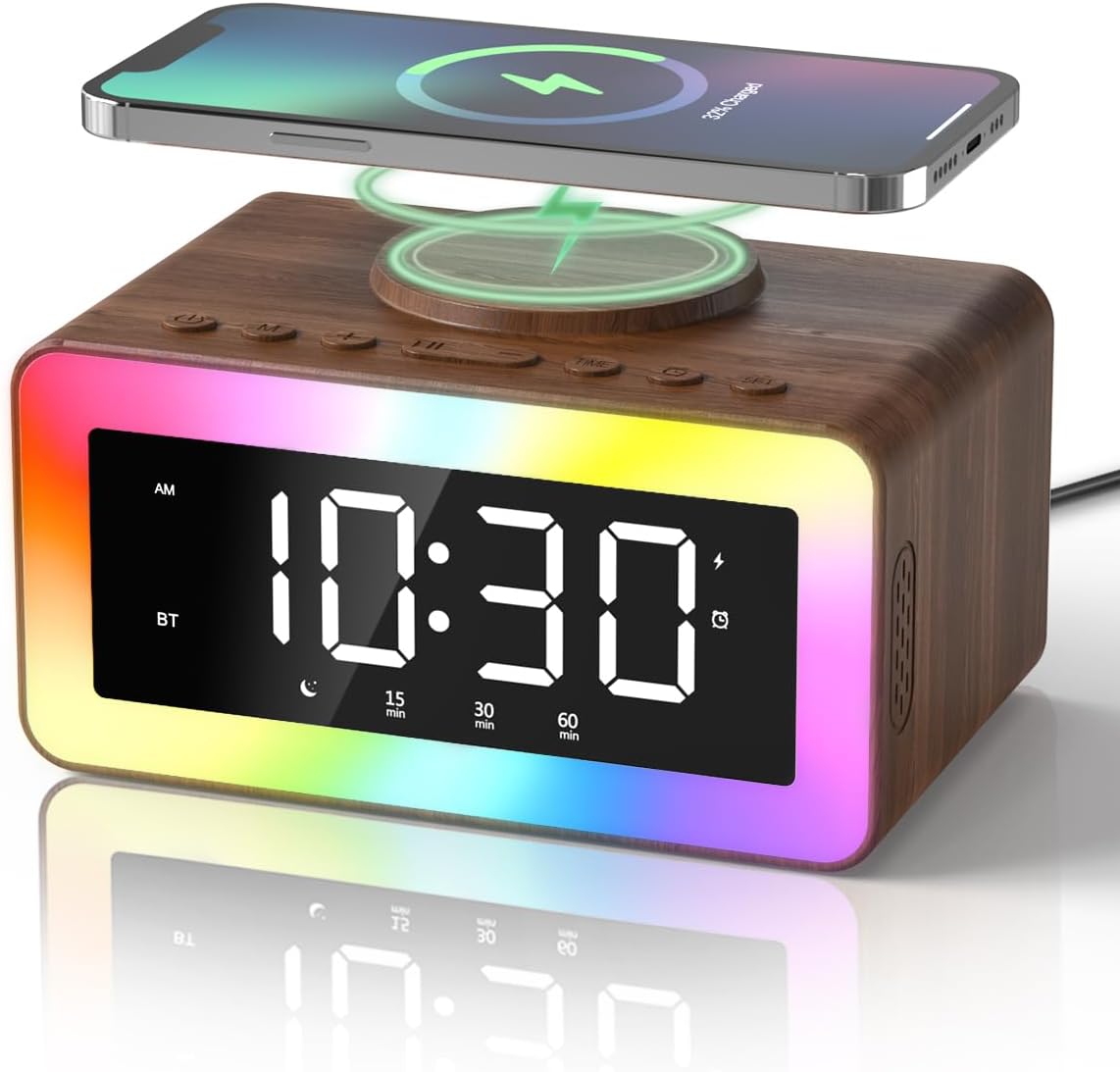 larm Clock with Wireless Charging, Bluetooth Speaker, White/Brown Noise Sound Machine Night Light, Wooden Digital Alarm Clocks for Bedrooms, Wireless Charger