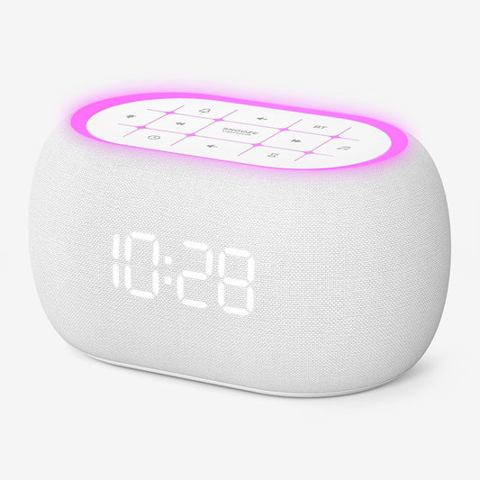 White Noise Sound Machine Alarm Clock with Hi-Fi Bluetooth Speaker, 21 Soothing Sounds/7 Night Lights, 0-100% Dimmer/Sleep Timer/Volume Control, Soother for Adults Kids Sleeping, Bedroom, White