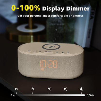 Sound Machine Alarm Clock for Bedrooms: Bluetooth 10W Stereo Sound Speaker with Wireless Charging - White Noise Machine for Sleeping with 21 Soothing Sounds - Putty