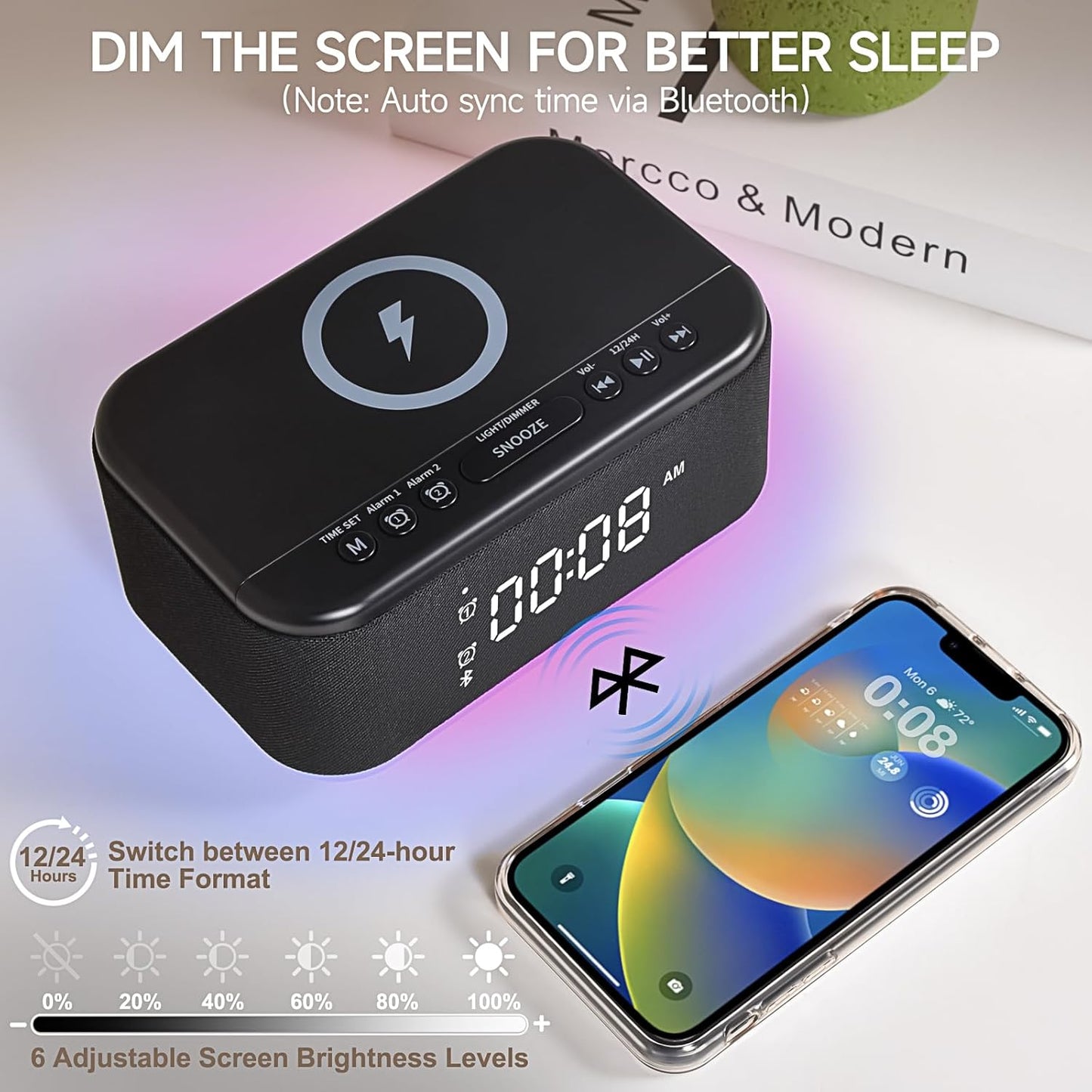 Alarm Clock Speaker Wireless Charger, Digital Alarm Clocks Bedrooms Bluetooth, Alarm Clock Dimmable Light Bedrooms Dual Alarm Snooze Dimmer 12 24H RGB Night Light Bluetooth USB AUX, Black