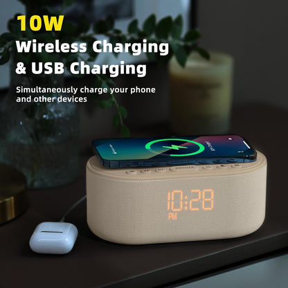 Sound Machine Alarm Clock for Bedrooms: Bluetooth 10W Stereo Sound Speaker with Wireless Charging - White Noise Machine for Sleeping with 21 Soothing Sounds - Putty