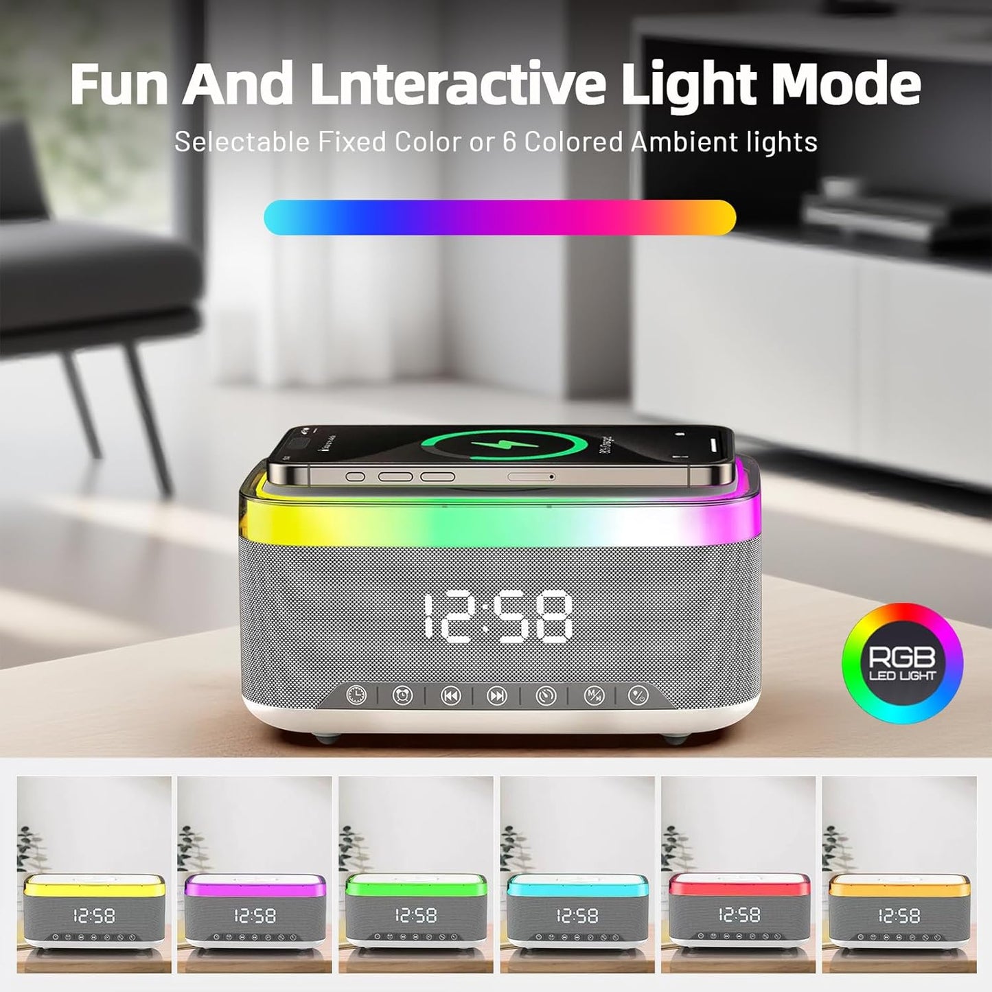 Bluetooth Speaker with Wireless Charging & Digital Clock, LED Display, 15W Qi Charging Station, 2x10W Speakers, 6 Ambient Lights, BT5.3/AUX/TF/USB, for Home, Bedside, Travel, Birthday Presen (White)