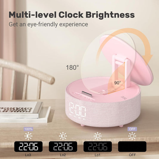 Bluetooth Speaker with Wireless Charger & Fill Light Makeup Mirror, Adjustable LED Night Light, Automatic Clock, Suitable for Decoration, Bedroom, Home, Office, Gift