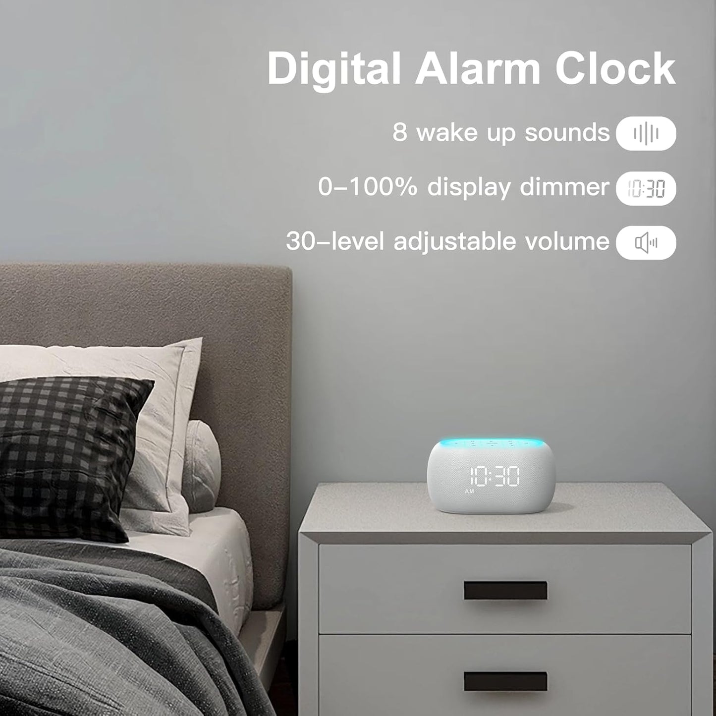 White Noise Sound Machine Alarm Clock with Hi-Fi Bluetooth Speaker, 21 Soothing Sounds/7 Night Lights, 0-100% Dimmer/Sleep Timer/Volume Control, Soother for Adults Kids Sleeping, Bedroom, White