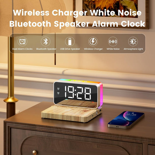 Alarm Clocks for Bedrooms with Wireless Charger Station, Bluetooth Speaker, Woodgrain, White Noise Sound Machines, RGB Night Lights, Ideal Gift