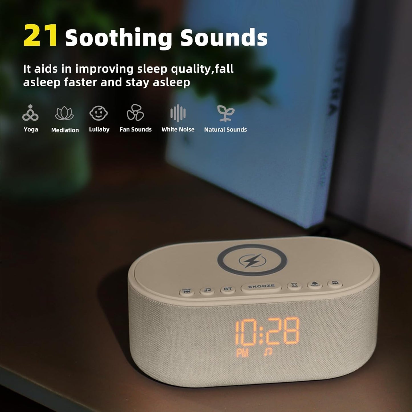 Sound Machine Alarm Clock for Bedrooms: Bluetooth 10W Stereo Sound Speaker with Wireless Charging - White Noise Machine for Sleeping with 21 Soothing Sounds - Putty
