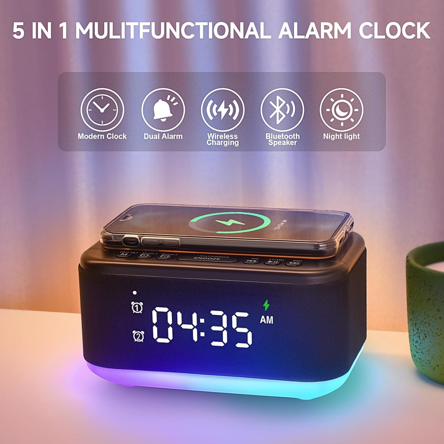 Alarm Clock Speaker Wireless Charger, Digital Alarm Clocks Bedrooms Bluetooth, Alarm Clock Dimmable Light Bedrooms Dual Alarm Snooze Dimmer 12 24H RGB Night Light Bluetooth USB AUX, Black