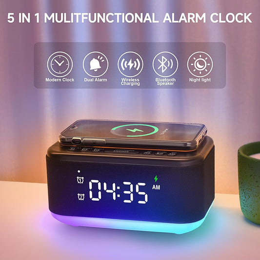 Alarm Clock Speaker Wireless Charger, Digital Alarm Clocks Bedrooms Bluetooth, Alarm Clock Dimmable Light Bedrooms Dual Alarm Snooze Dimmer 12 24H RGB Night Light Bluetooth USB AUX, Black
