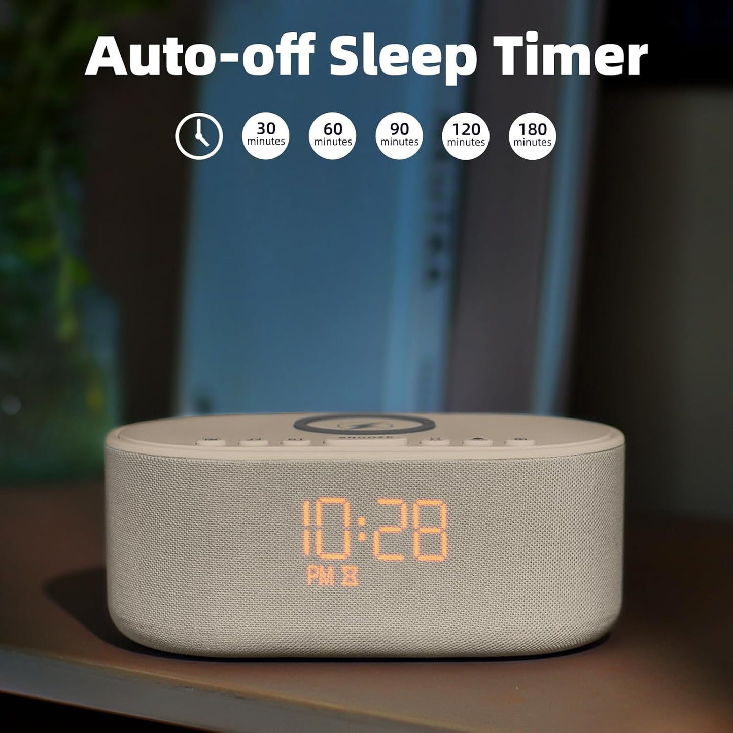 Sound Machine Alarm Clock for Bedrooms: Bluetooth 10W Stereo Sound Speaker with Wireless Charging - White Noise Machine for Sleeping with 21 Soothing Sounds - Putty