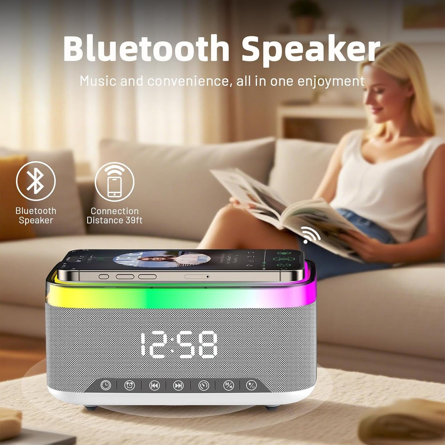 Bluetooth Speaker with Wireless Charging & Digital Clock, LED Display, 15W Qi Charging Station, 2x10W Speakers, 6 Ambient Lights, BT5.3/AUX/TF/USB, for Home, Bedside, Travel, Birthday Presen (White)