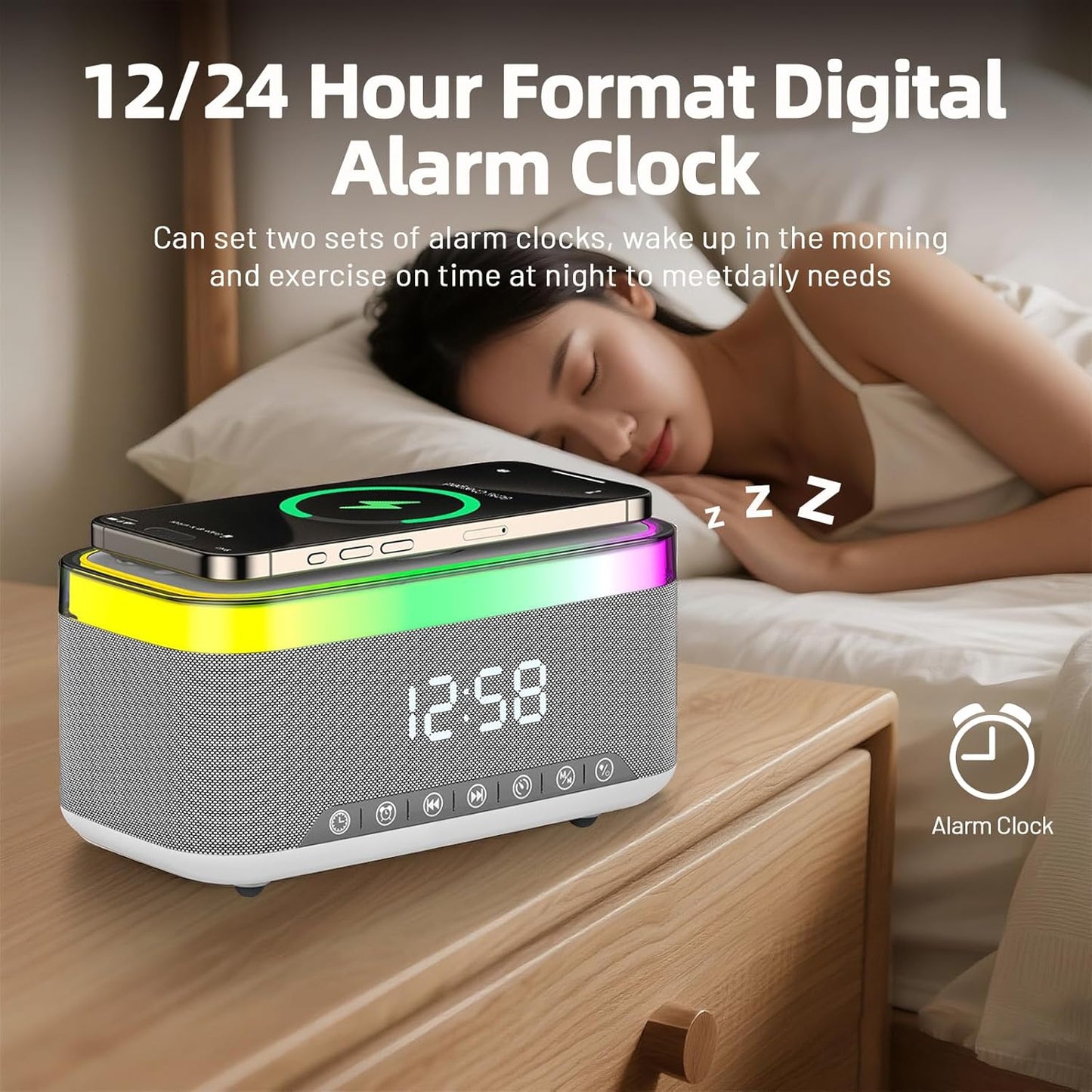 Bluetooth Speaker with Wireless Charging & Digital Clock, LED Display, 15W Qi Charging Station, 2x10W Speakers, 6 Ambient Lights, BT5.3/AUX/TF/USB, for Home, Bedside, Travel, Birthday Presen (White)