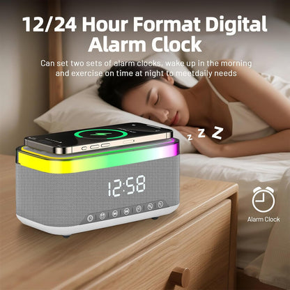 Bluetooth Speaker with Wireless Charging & Digital Clock, LED Display, 15W Qi Charging Station, 2x10W Speakers, 6 Ambient Lights, BT5.3/AUX/TF/USB, for Home, Bedside, Travel, Birthday Presen (White)