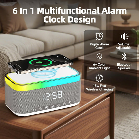 Bluetooth Speaker with Wireless Charging & Digital Clock, LED Display, 15W Qi Charging Station, 2x10W Speakers, 6 Ambient Lights, BT5.3/AUX/TF/USB, for Home, Bedside, Travel, Birthday Presen (White)
