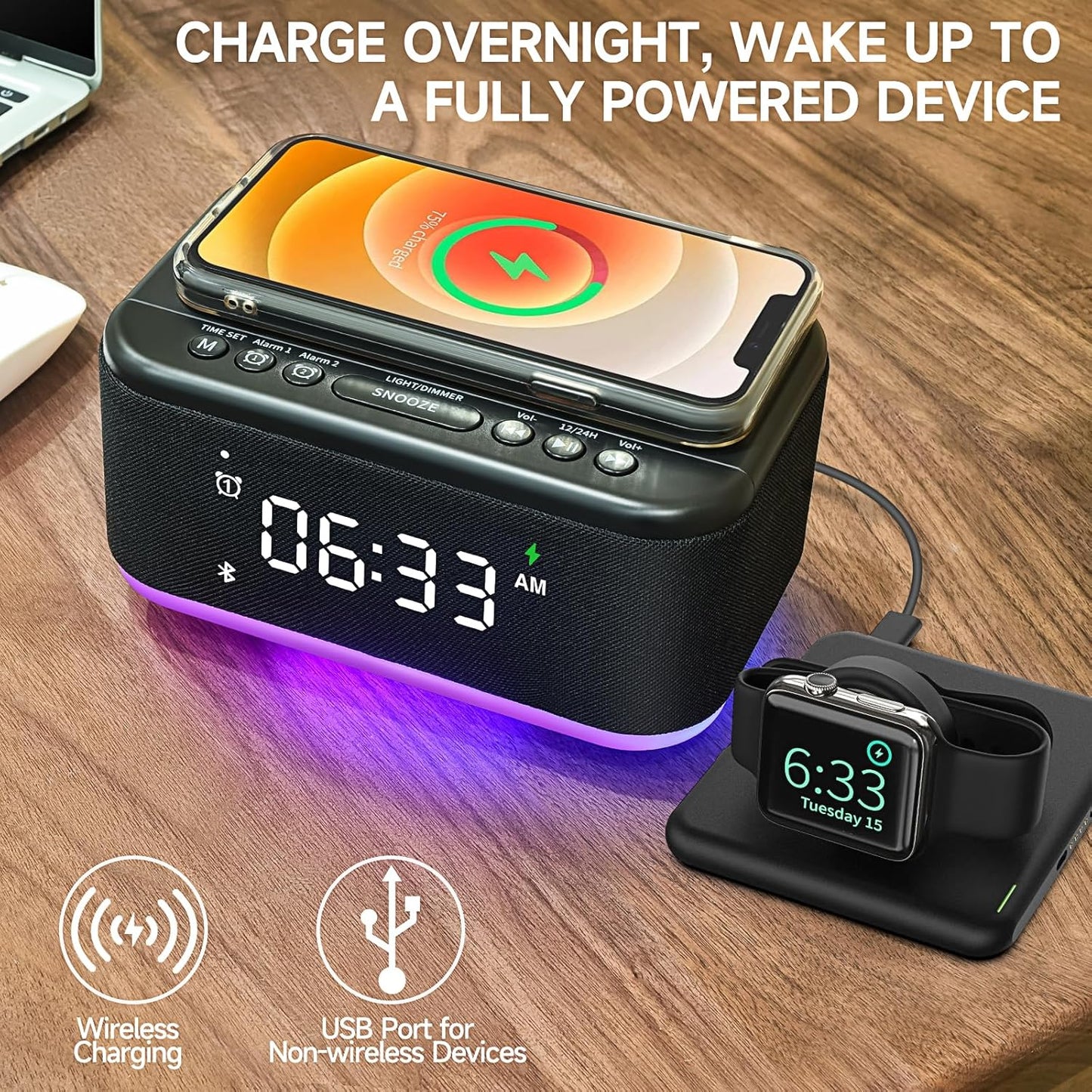 Alarm Clock Speaker Wireless Charger, Digital Alarm Clocks Bedrooms Bluetooth, Alarm Clock Dimmable Light Bedrooms Dual Alarm Snooze Dimmer 12 24H RGB Night Light Bluetooth USB AUX, Black